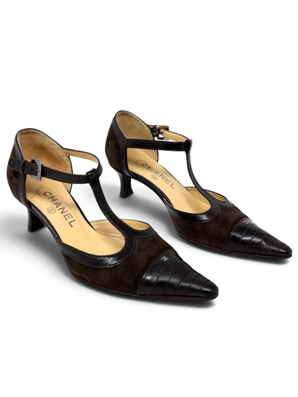 Chanel Vintage 2003 T-Strap Pumps Brown Suede Leather Pointed Toe 38